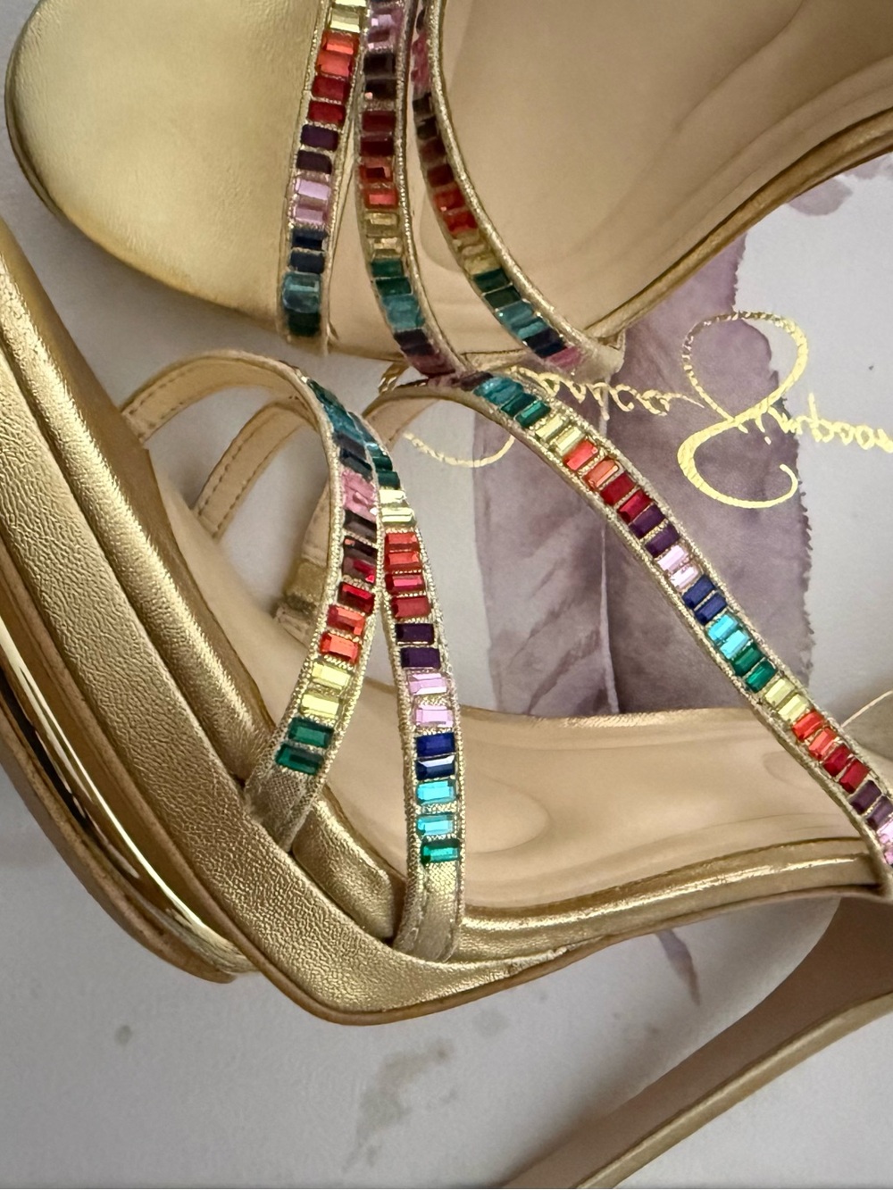 Jessica Simpson Gold Metallic Platform Heels with Multicolor Gem Straps - Picture 6 of 8